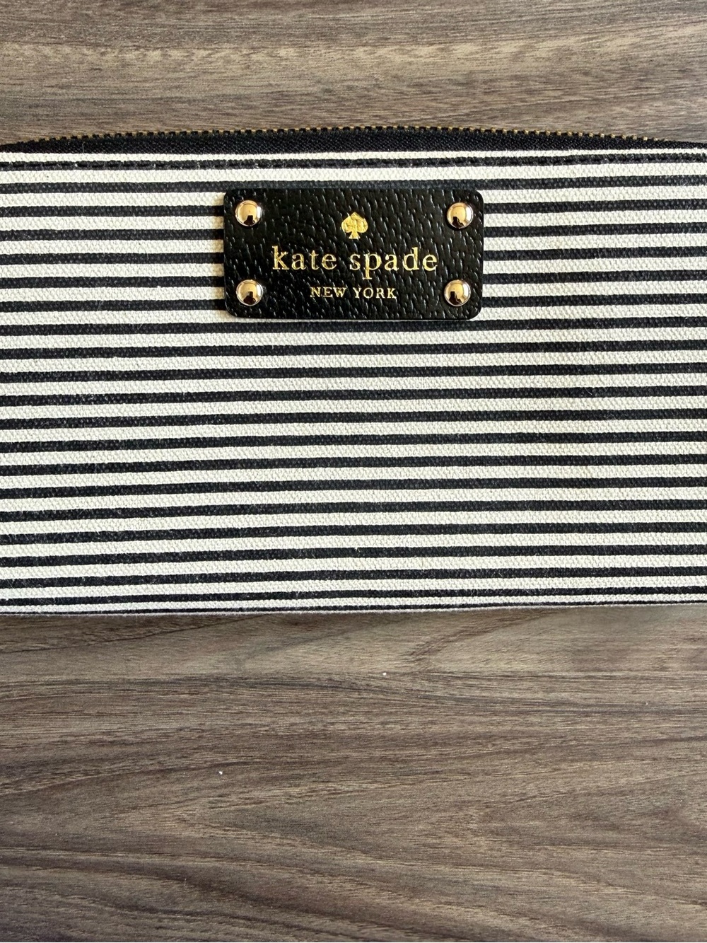 kate spade Black and White Striped Zip Wallet with Gold Logo Plate